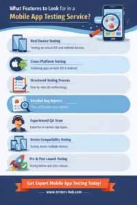 Key features of a professional mobile app testing service including real device testing, cross-platform testing, structured QA process, and compatibility testing.