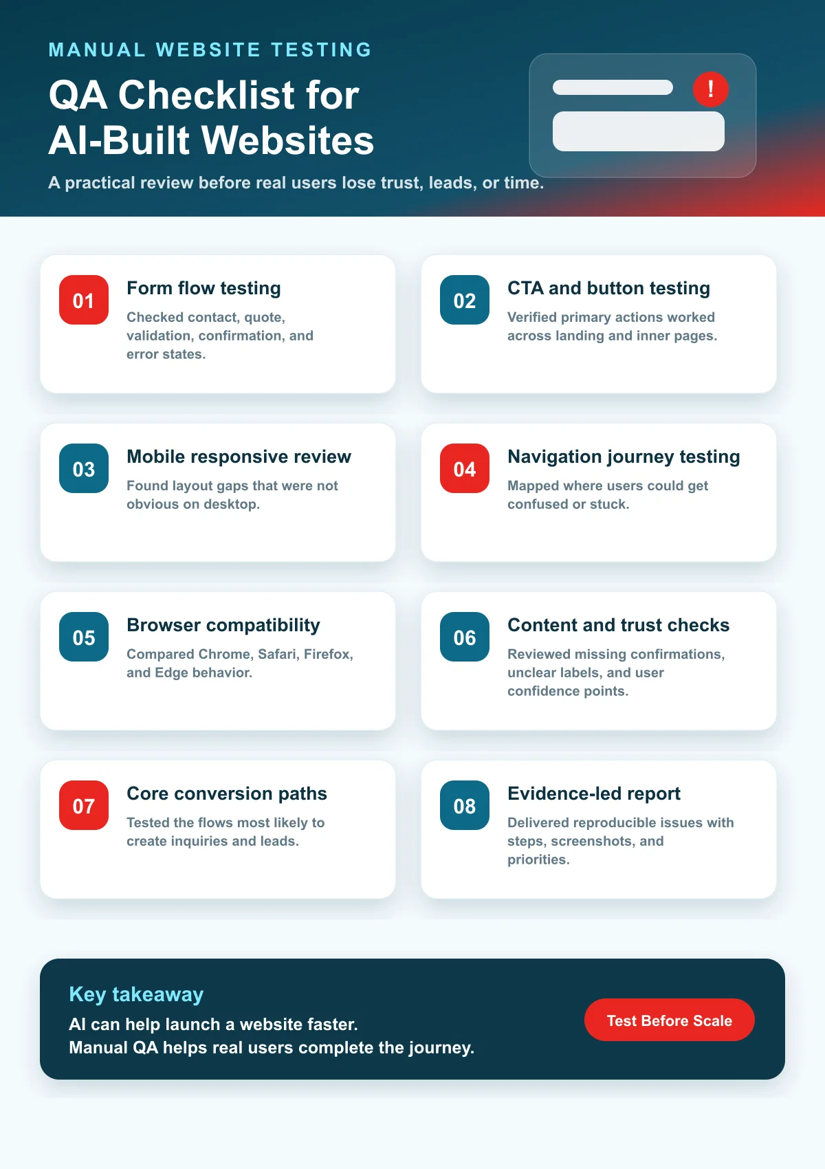 Manual website testing checklist for an AI-built website