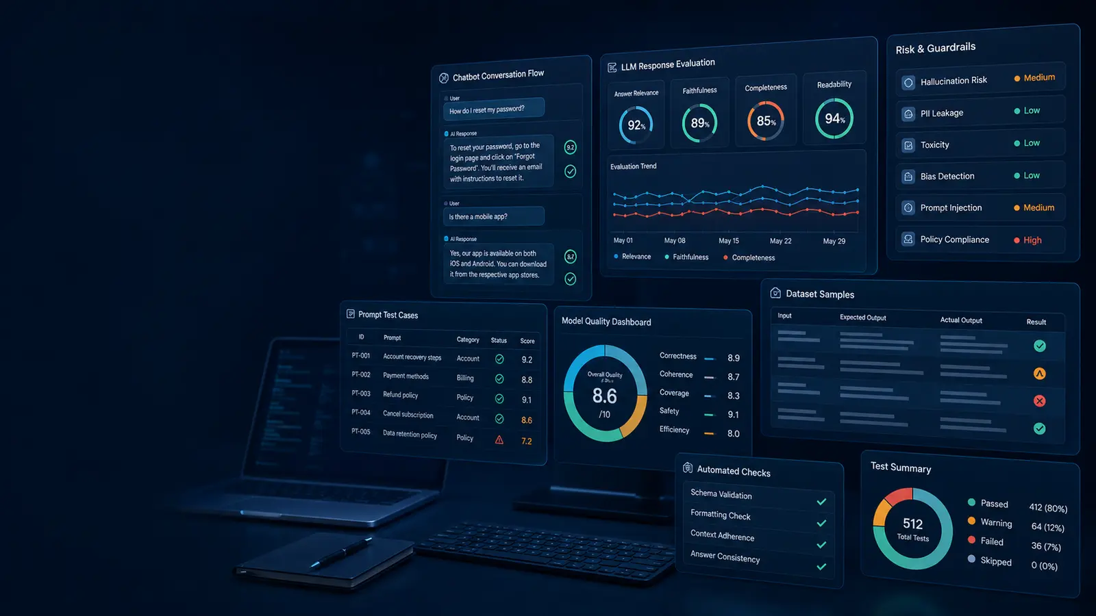 AI testing services dashboard for LLM testing chatbot QA prompt testing guardrail checks and AI output validation