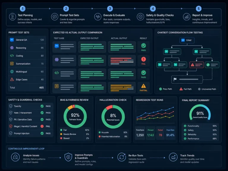 AI QA workflow for prompt regression chatbot testing guardrail checks hallucination review and AI output reporting