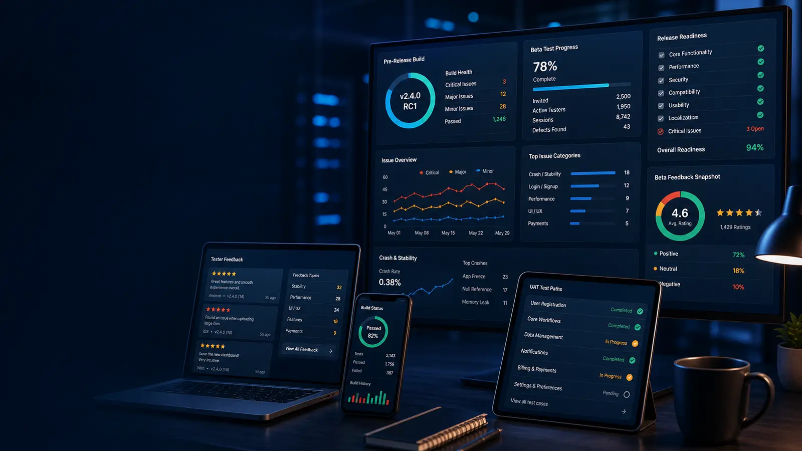 Alpha beta testing services dashboard for pre-release testing beta feedback UAT support bug reports and launch readiness