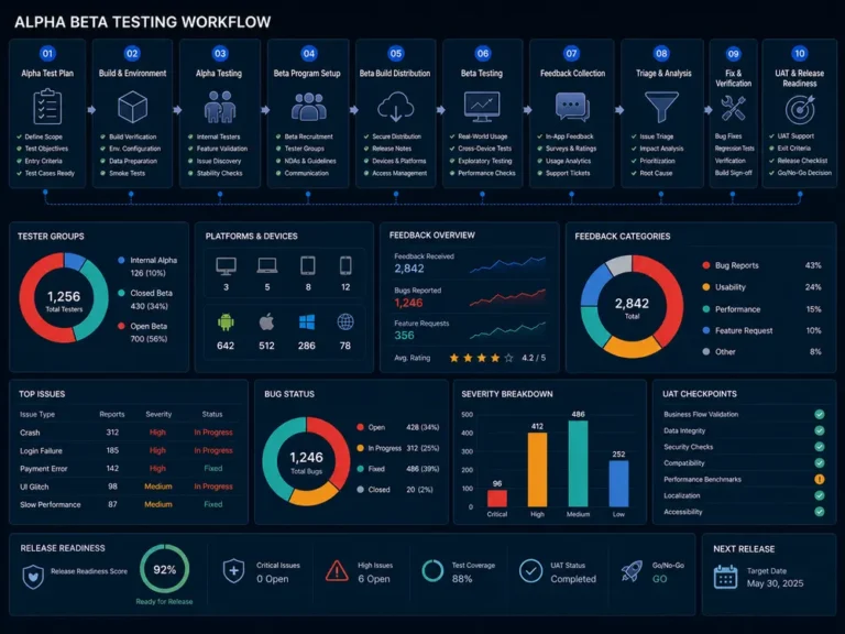 Alpha beta testing workflow for test planning beta tester feedback UAT bug reports triage and release readiness summary
