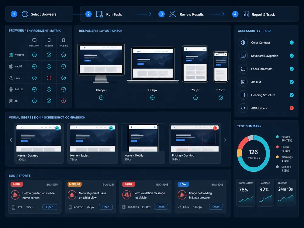 Cross-browser QA workflow for responsive website testing browser compatibility matrix screenshots and bug reports