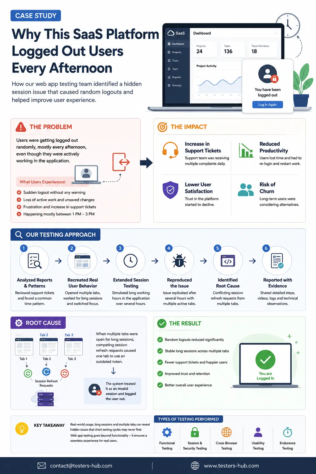 SaaS session testing infographic for web app logout bug investigation