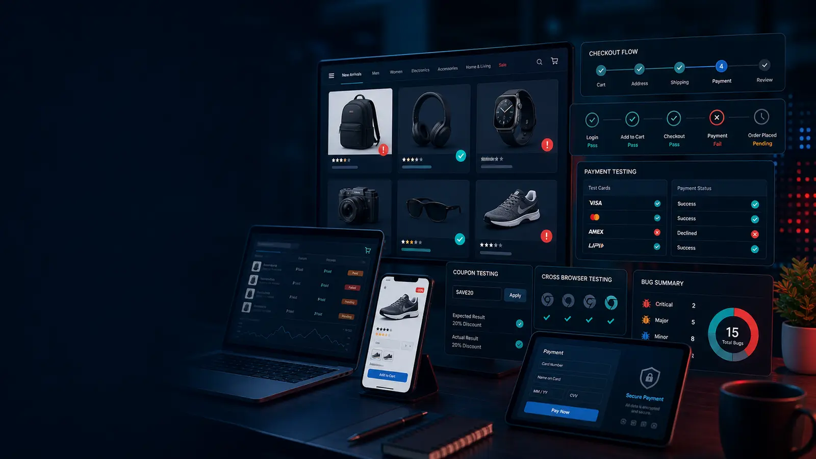 eCommerce testing services dashboard for checkout testing payment testing cart QA and mobile shopping validation