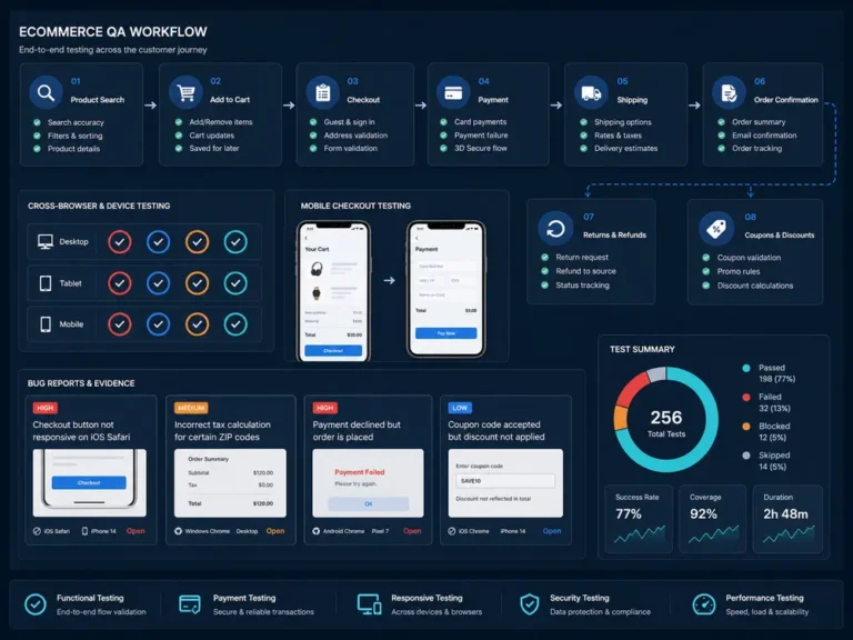eCommerce QA workflow for product search cart checkout payment coupons shipping orders and bug reporting