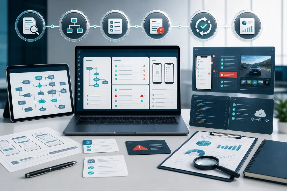 Functional QA testing workflow for requirements test cases user journeys API checks defect reports and retesting