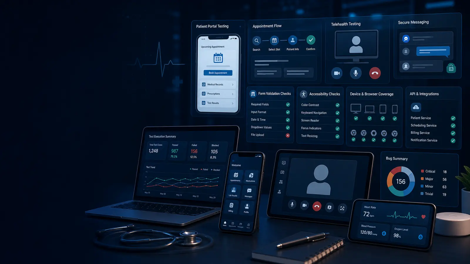 Healthcare app testing services dashboard for patient portal telehealth medical forms secure messaging and healthcare QA