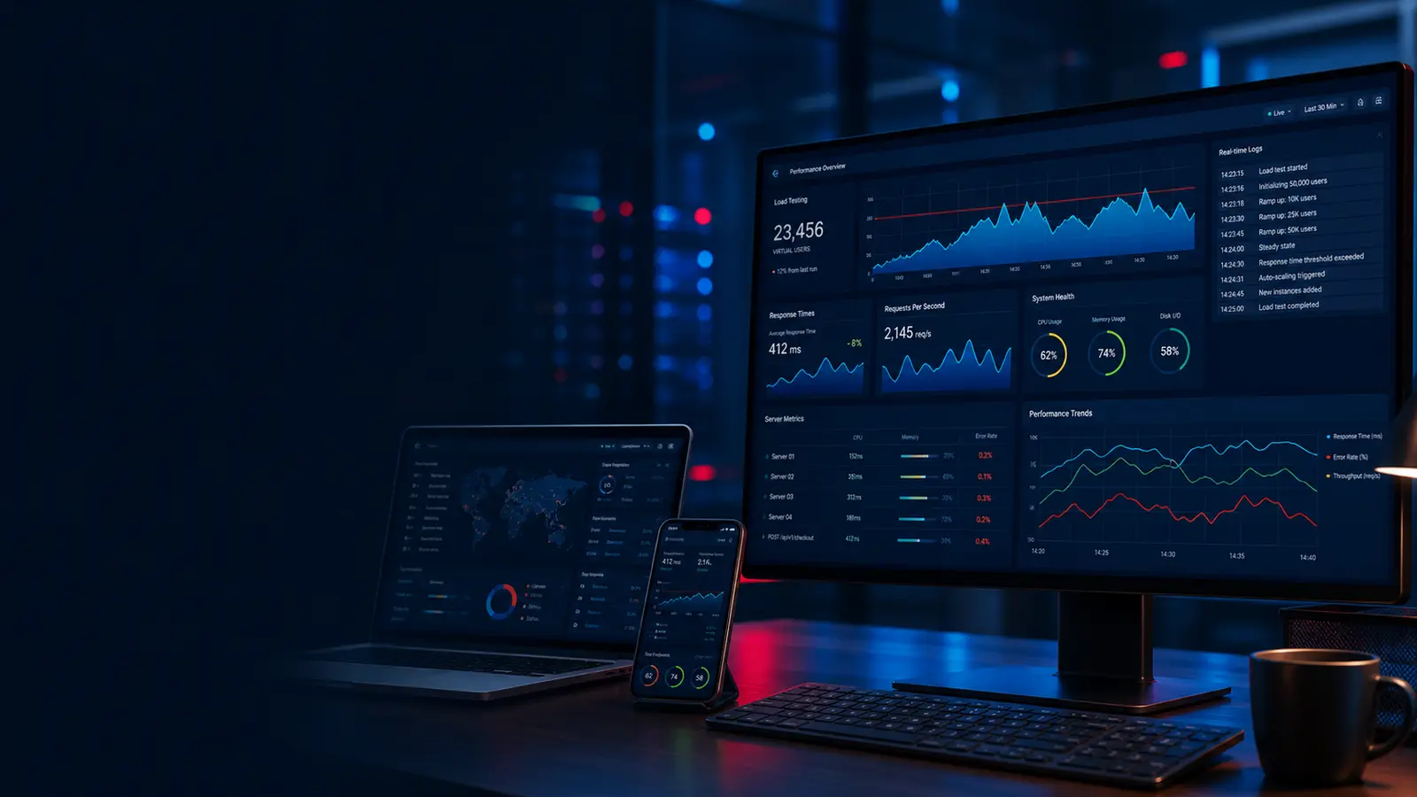 Performance testing services dashboard for load testing stress testing API latency and software scalability QA