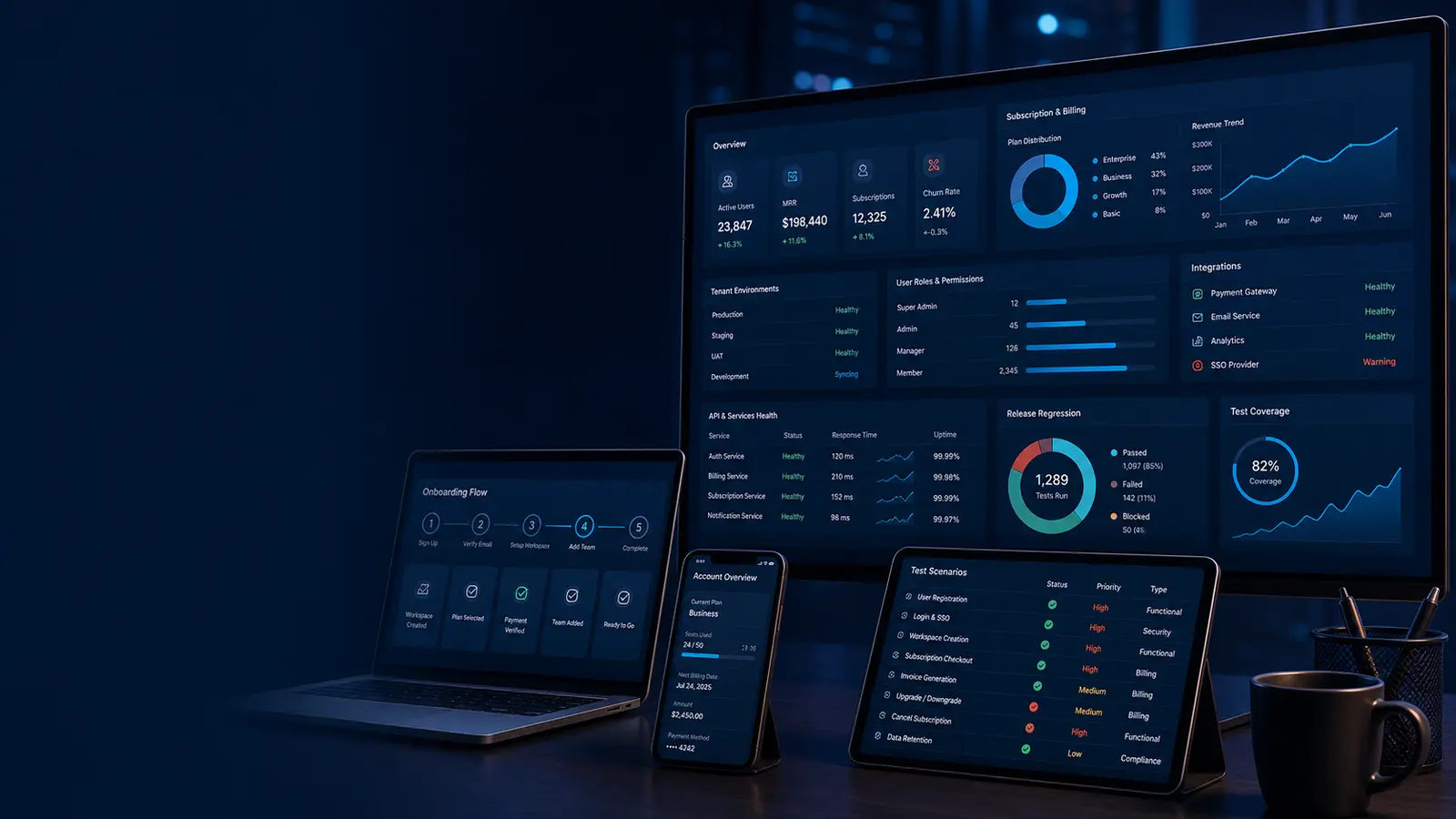 SaaS app testing services dashboard for subscription billing roles permissions integrations APIs and regression QA