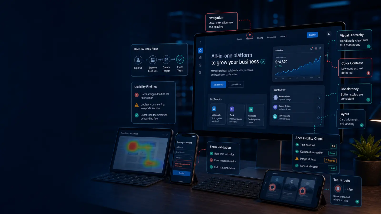 UI UX testing services dashboard for usability testing interface QA responsive layout checks and user journey review