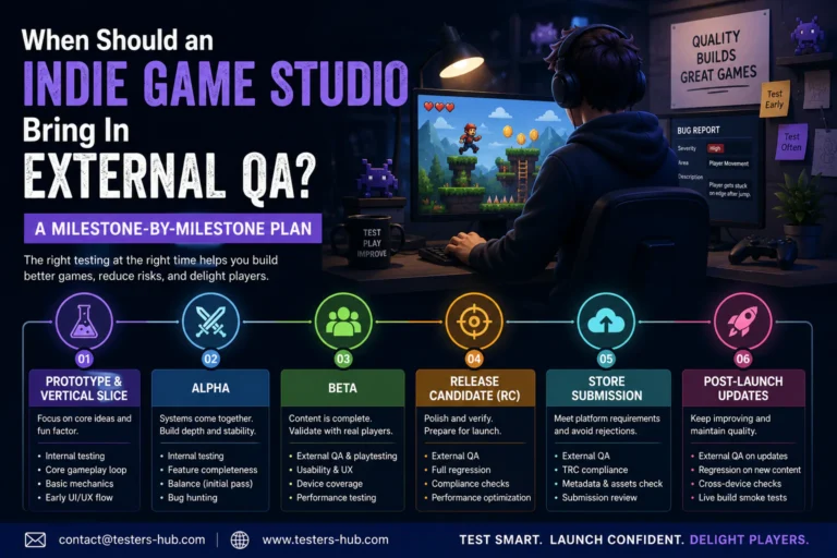 Indie game studio planning when to bring in external game QA across development milestones