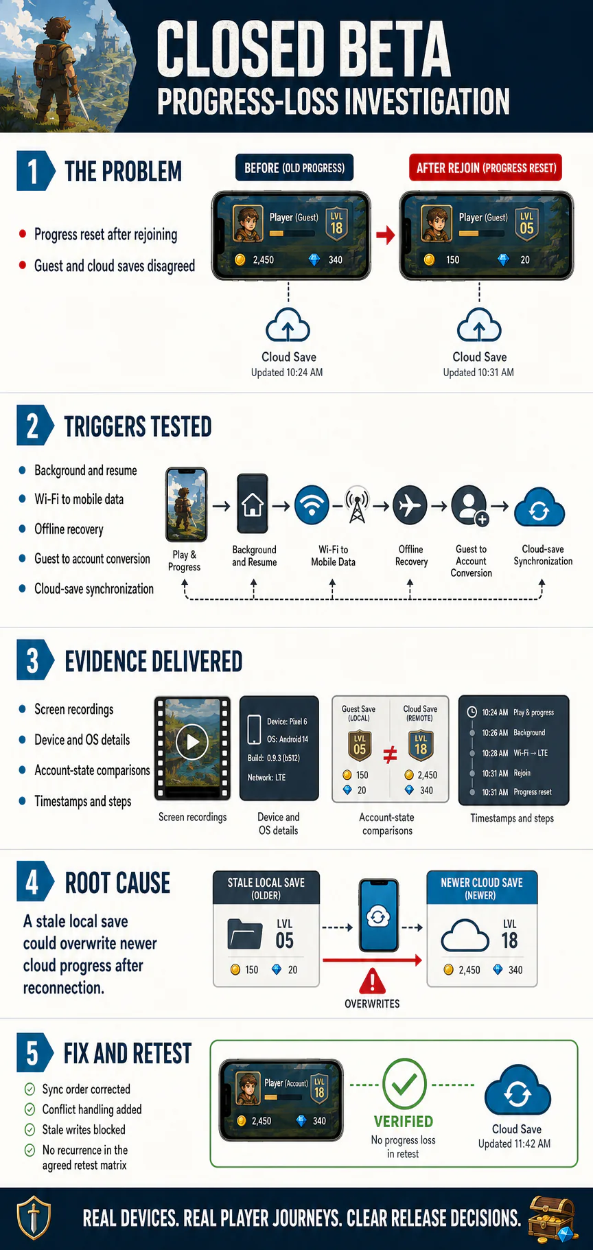 Mobile game beta testing infographic showing progress loss triggers, QA evidence, cloud-save root cause, and retest outcome