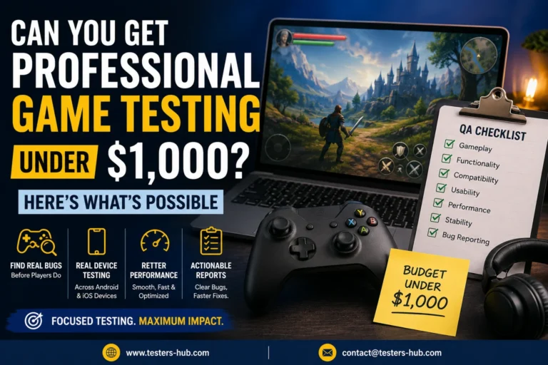 Professional game testing under 1000 dollars feature image for indie game QA cost guide
