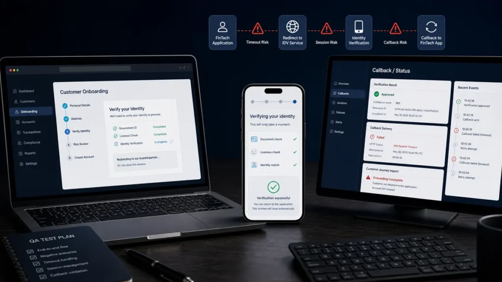 FinTech KYC testing workflow showing OTP, identity provider redirect, verification, callback and status risks