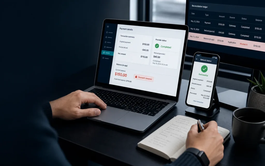 FinTech refund reconciliation QA across provider webhook ledger balance history and admin states