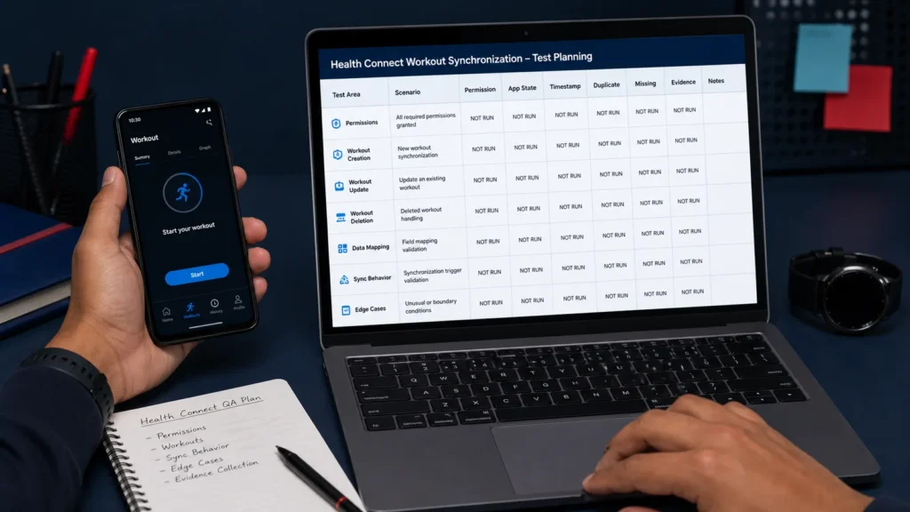 Android fitness app Health Connect synchronization QA planning matrix with all scenarios marked Not Run