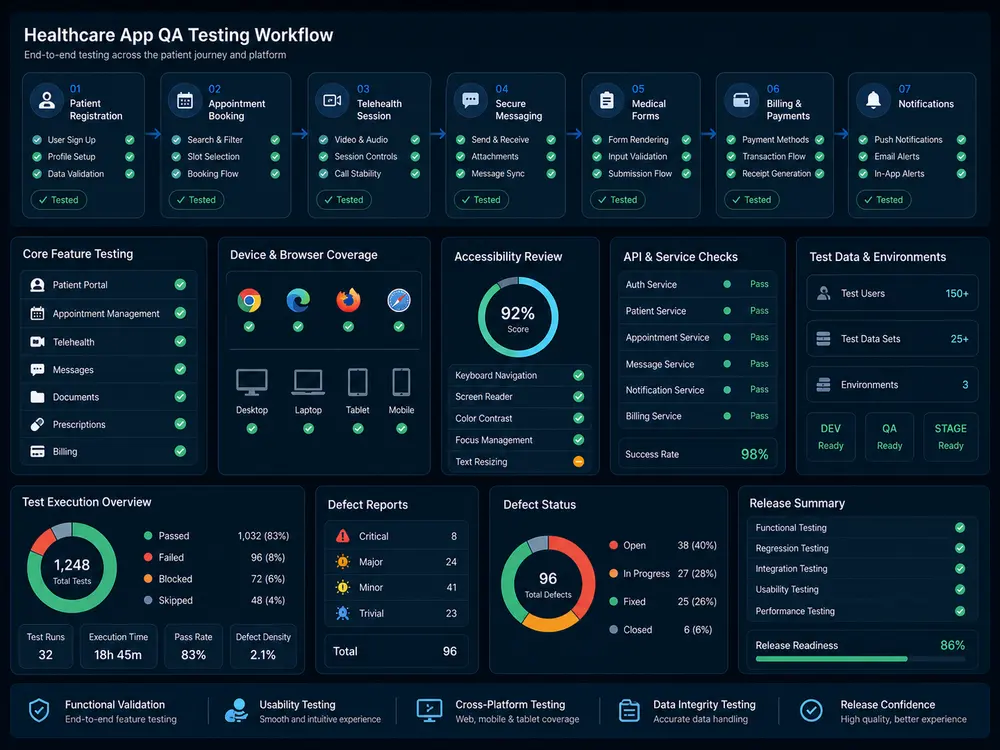 Healthcare software testing workflow for patient registration appointment booking telehealth secure messaging medical forms accessibility and release QA