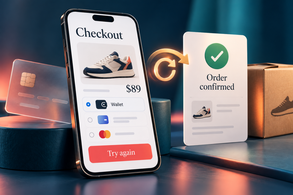 Illustration of mobile checkout with a payment retry, wallet options and an order confirmation.