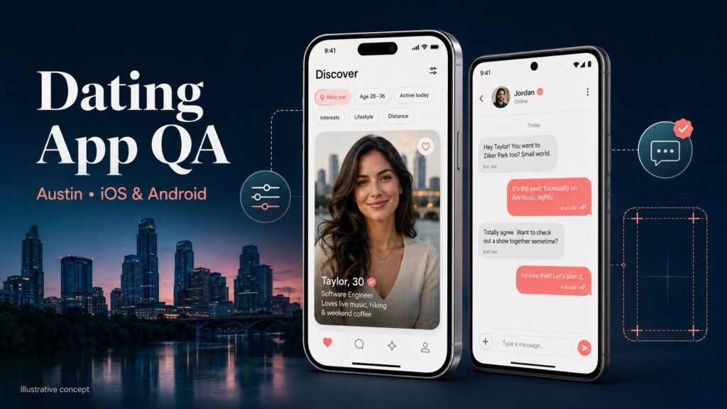 Illustration of dating profile discovery and verified chat on iOS and Android phones with the Austin skyline.