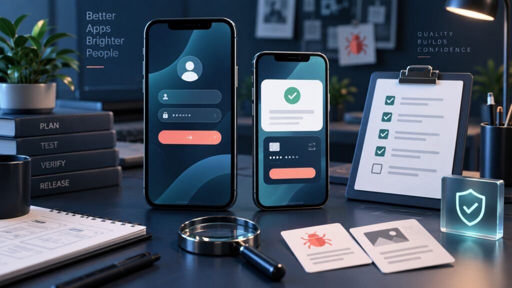 Illustration of two smartphones, a release-testing checklist and defect evidence cards.