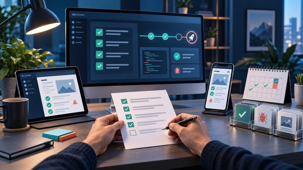 Illustration of a QA reviewer checking test coverage across desktop, tablet and mobile devices.