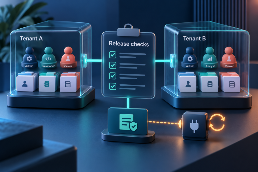 Illustration of separate SaaS tenants, user roles and data linked to a release checklist and integration retry checks.