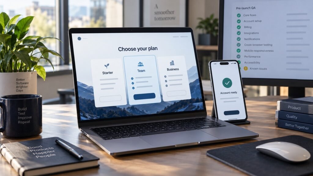 SaaS pricing page on a laptop beside mobile account confirmation and a pre-launch QA checklist