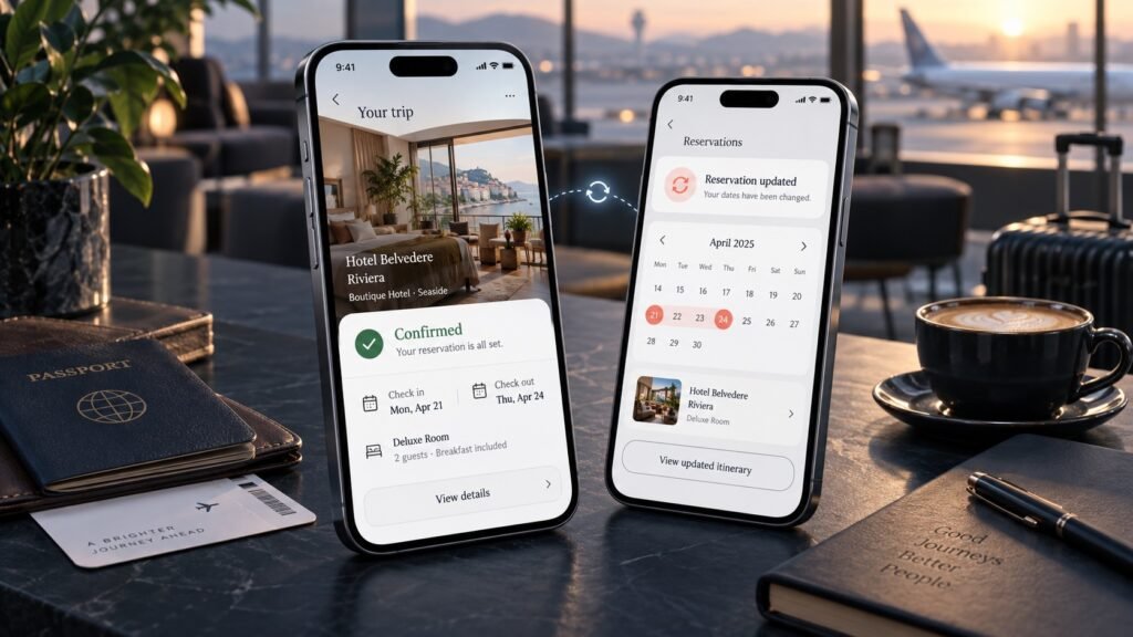 Travel booking app screens showing a confirmed hotel reservation and a booking update across two phones